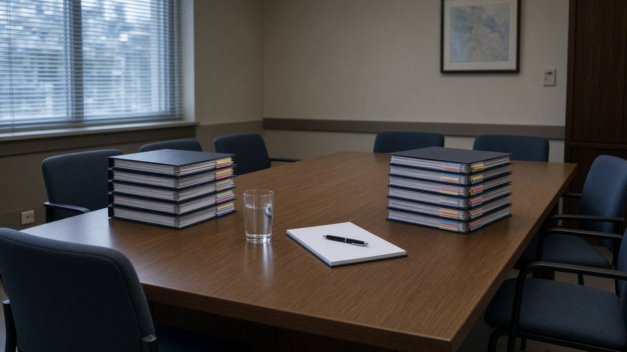 An empty labour-arbitration table with collective-agreement binders