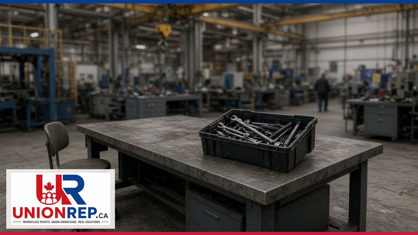 An industrial plant floor and the UnionRep.ca logo