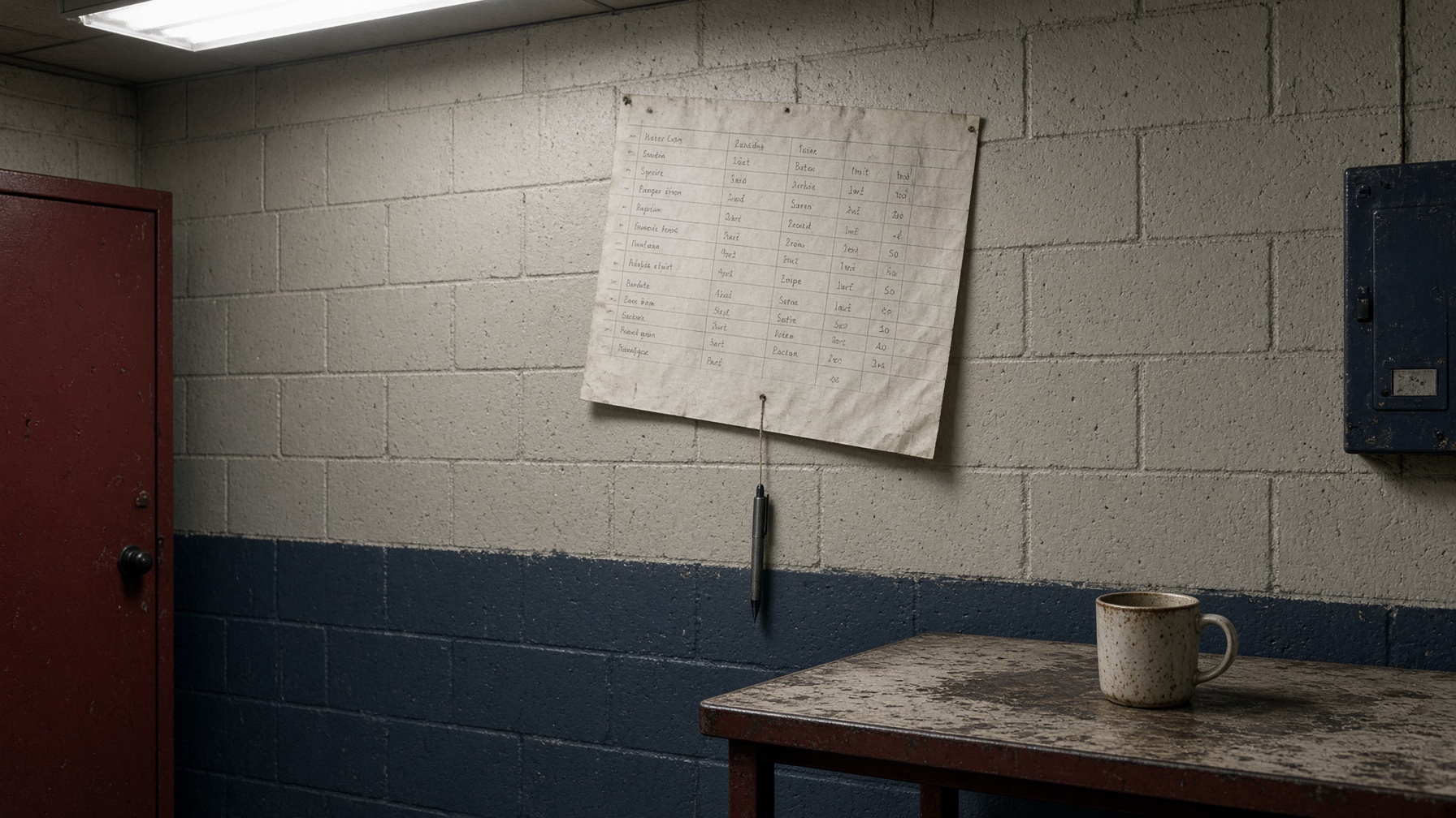 A wall-mounted work schedule and a coffee mug in a mill break room