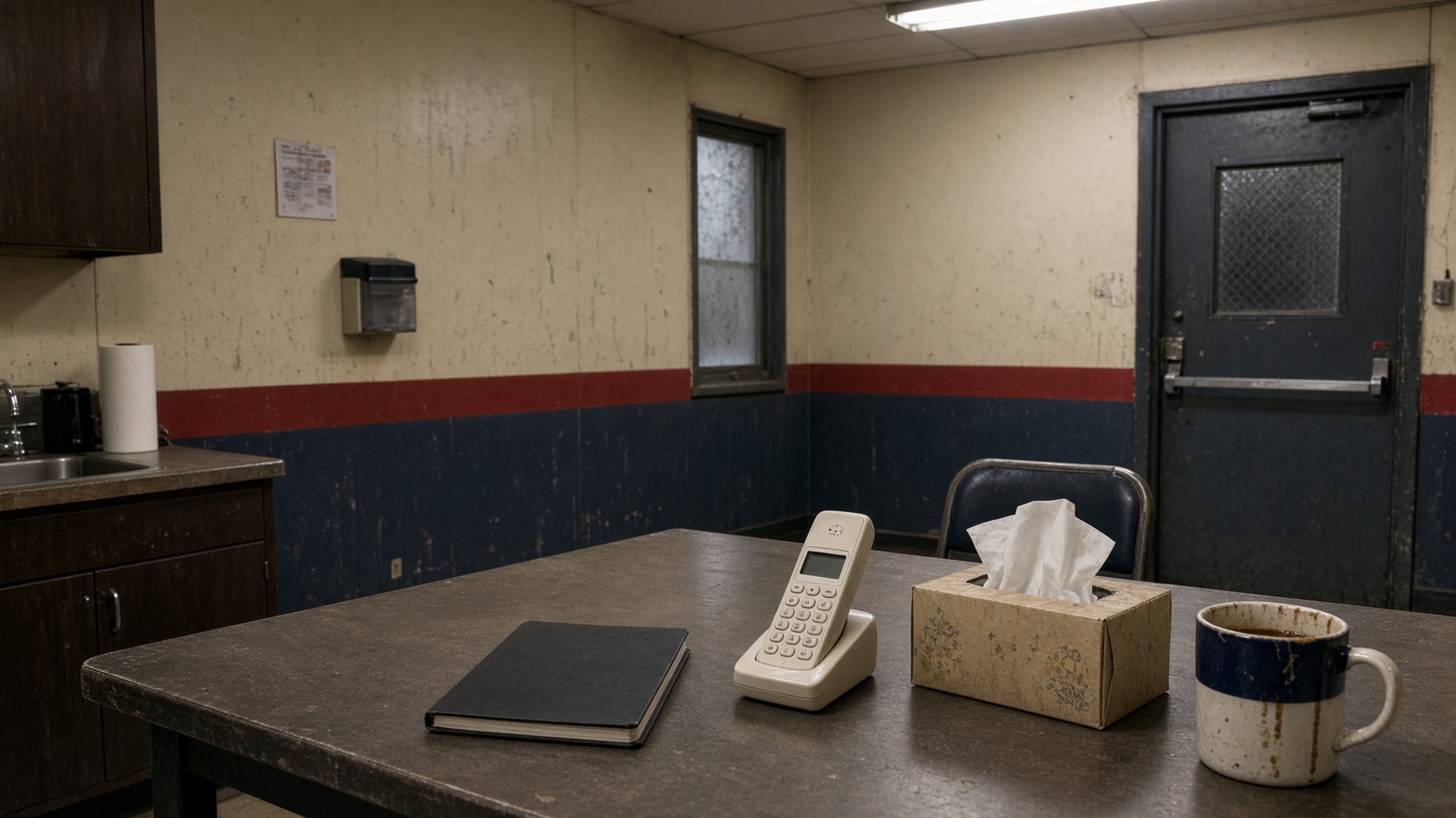 A break-room phone, tissues, and a closed collective agreement on a mill table