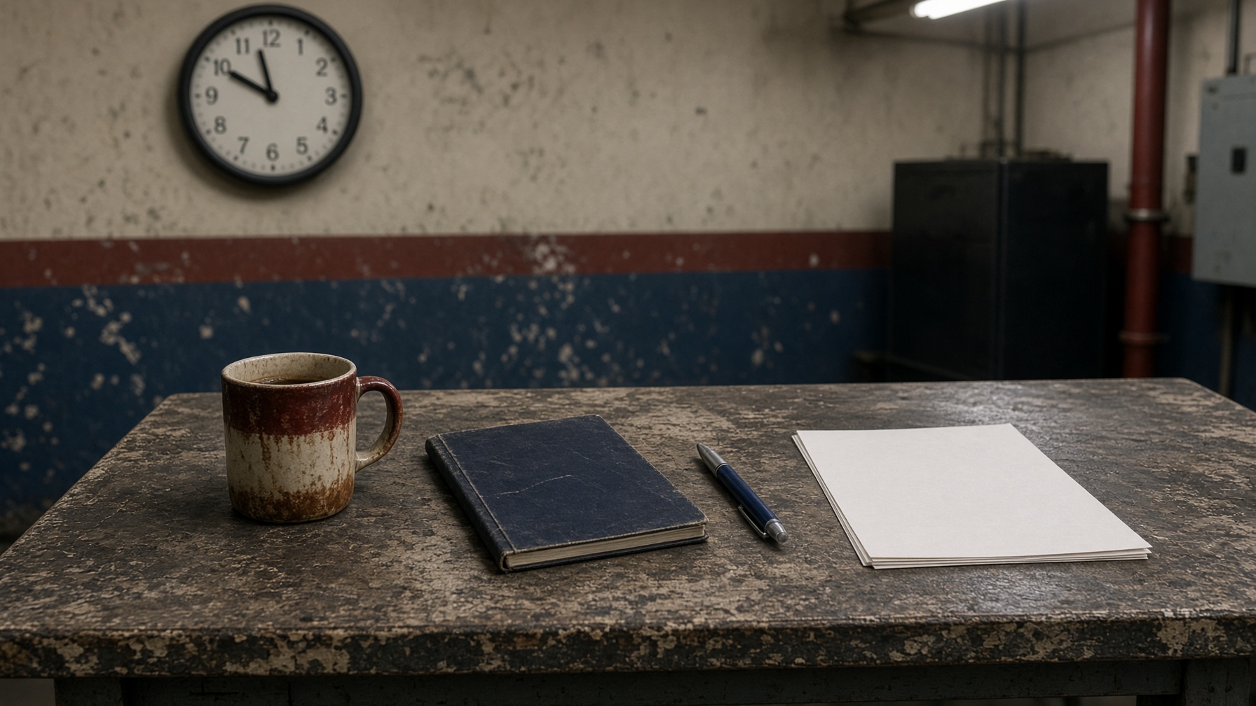 A collective agreement, a wall clock, and a coffee mug on a mill break-room table