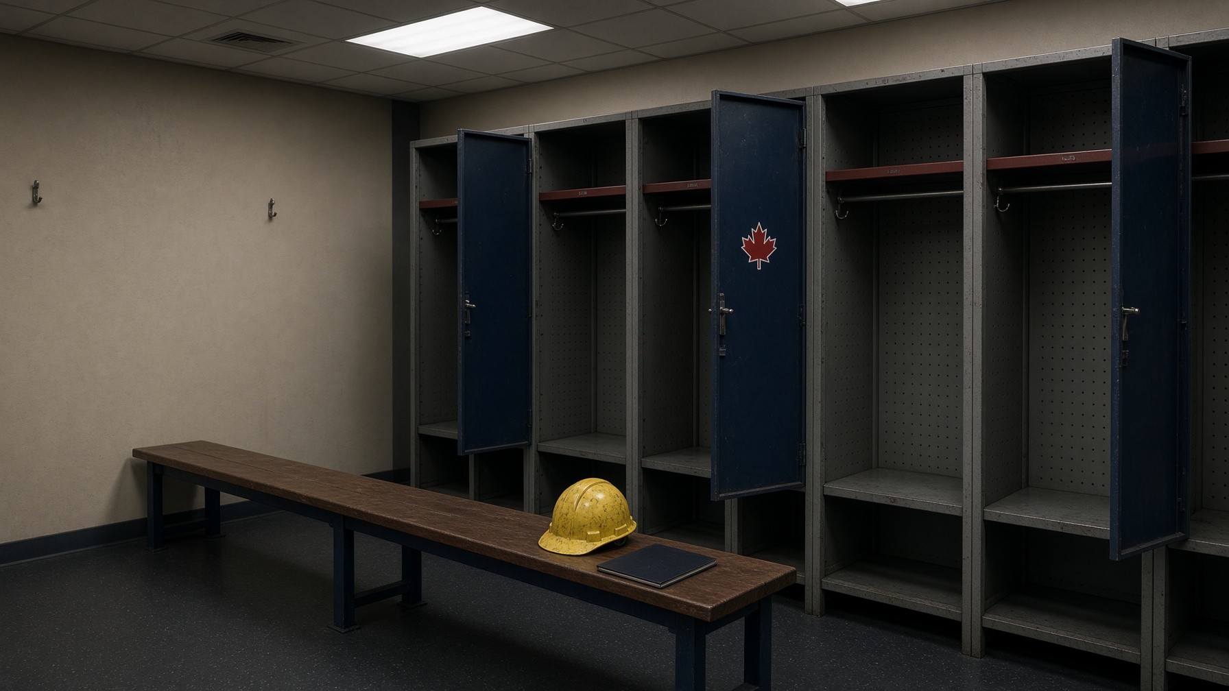 An open locker, a hard hat, and a closed booklet in a mill change room