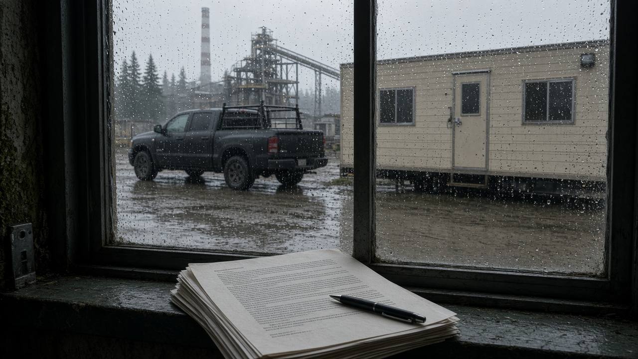 A contractor trailer seen through a plant window, agreement on the sill