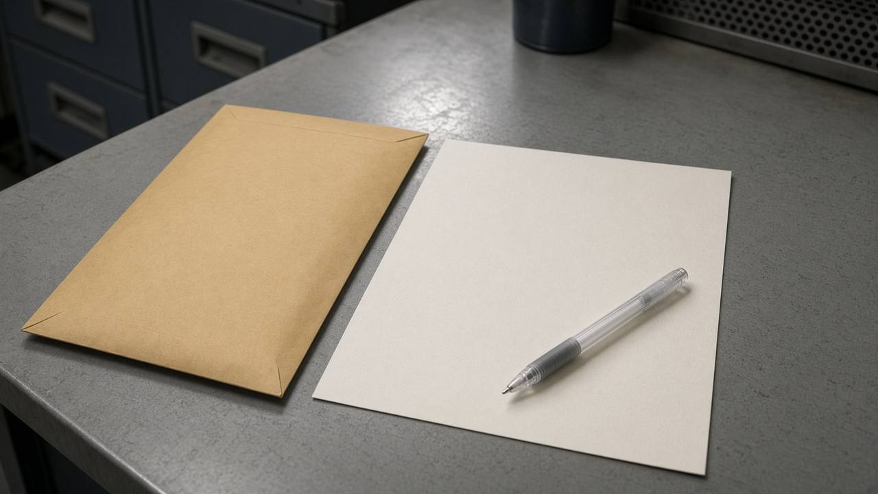A face-down disciplinary envelope on a plant office desk