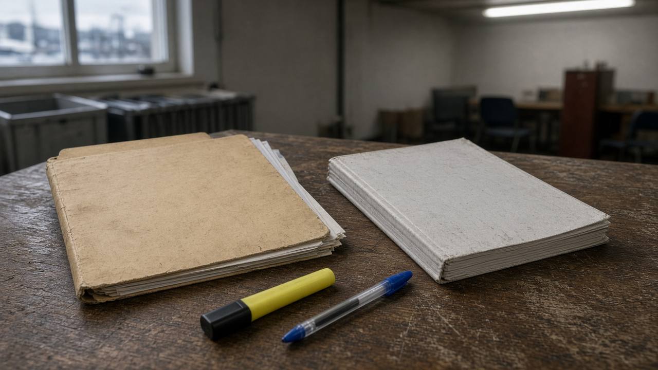 A grievance folder and collective agreement on a union-hall table