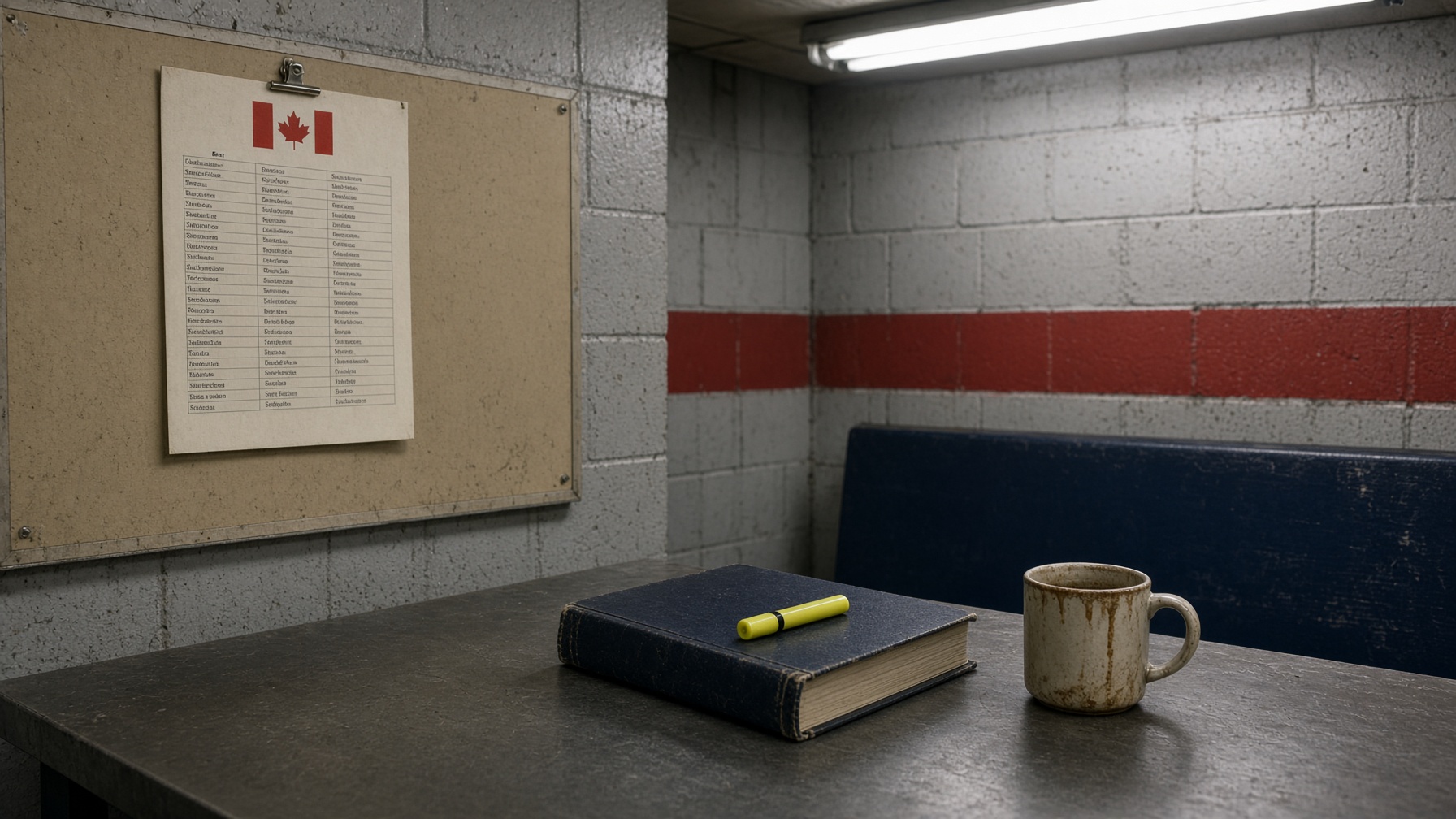 A seniority list, a collective agreement, and a highlighter in a mill break room