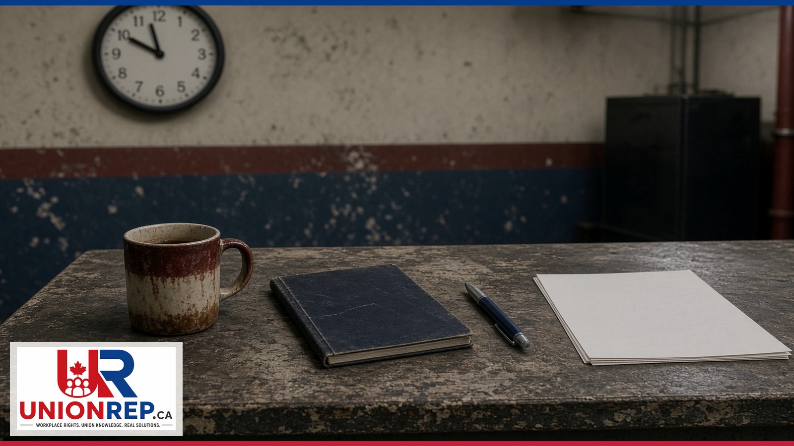 A clock, a collective agreement, and a highlighter on a mill table