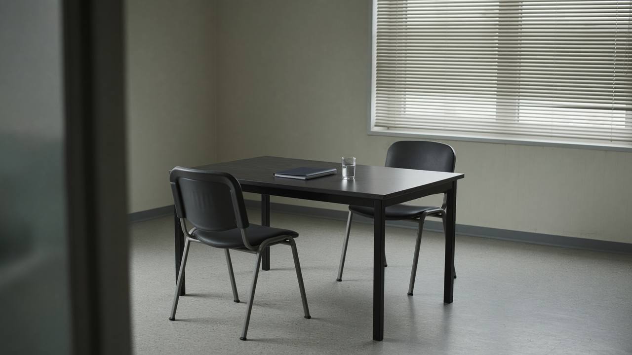 Two chairs and a closed notebook in a plant interview room