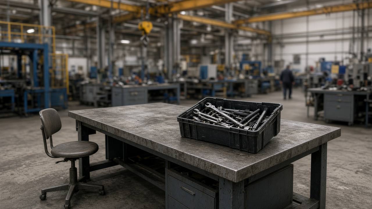 A half-cleared workstation and an empty chair on a plant floor