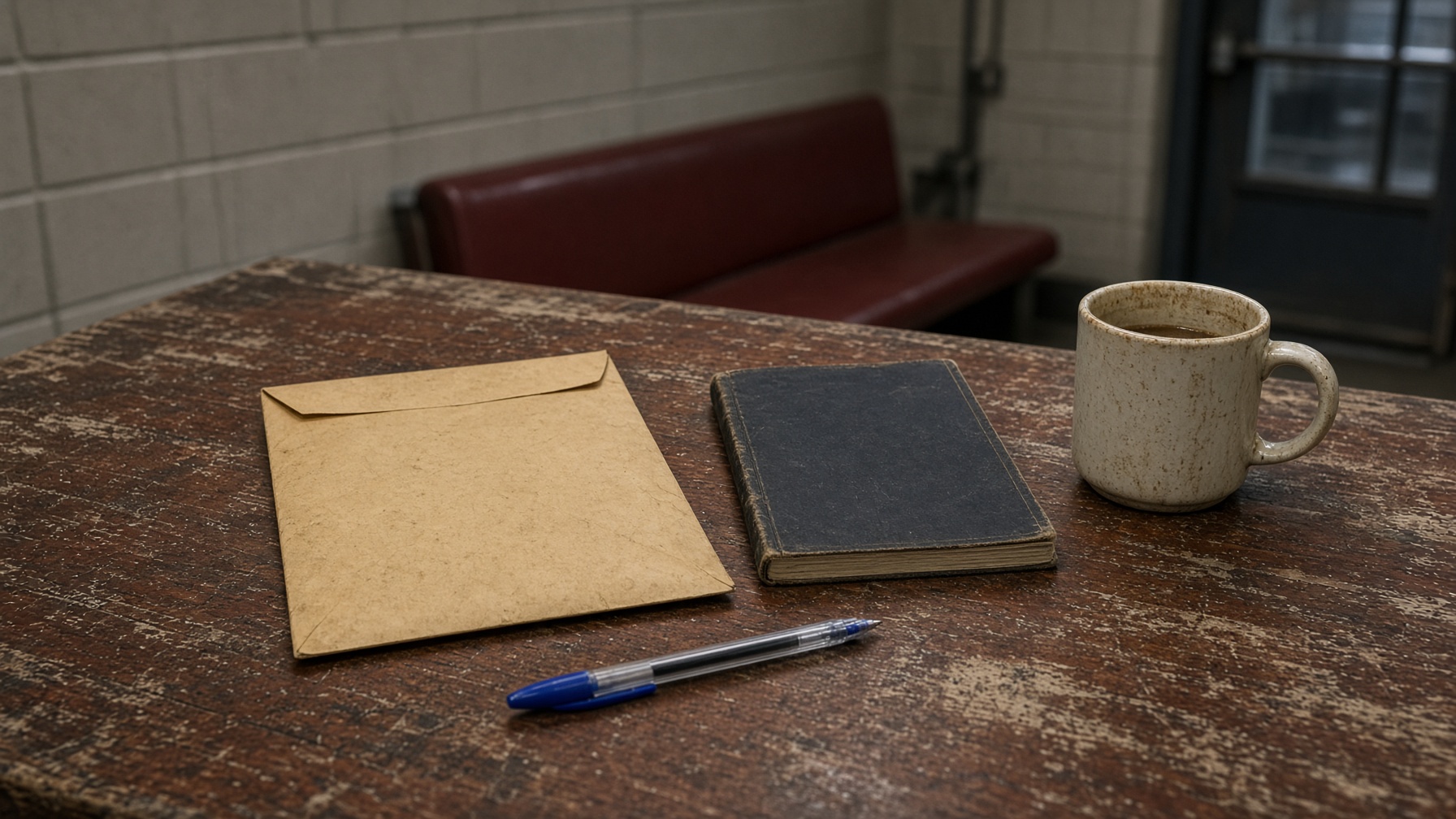 A face-down envelope, a collective agreement, and a coffee mug on a union-hall table