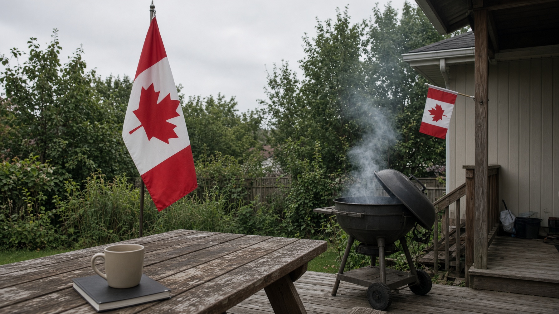 A Labour Day barbecue, a closed booklet, and a Canadian flag on a porch
