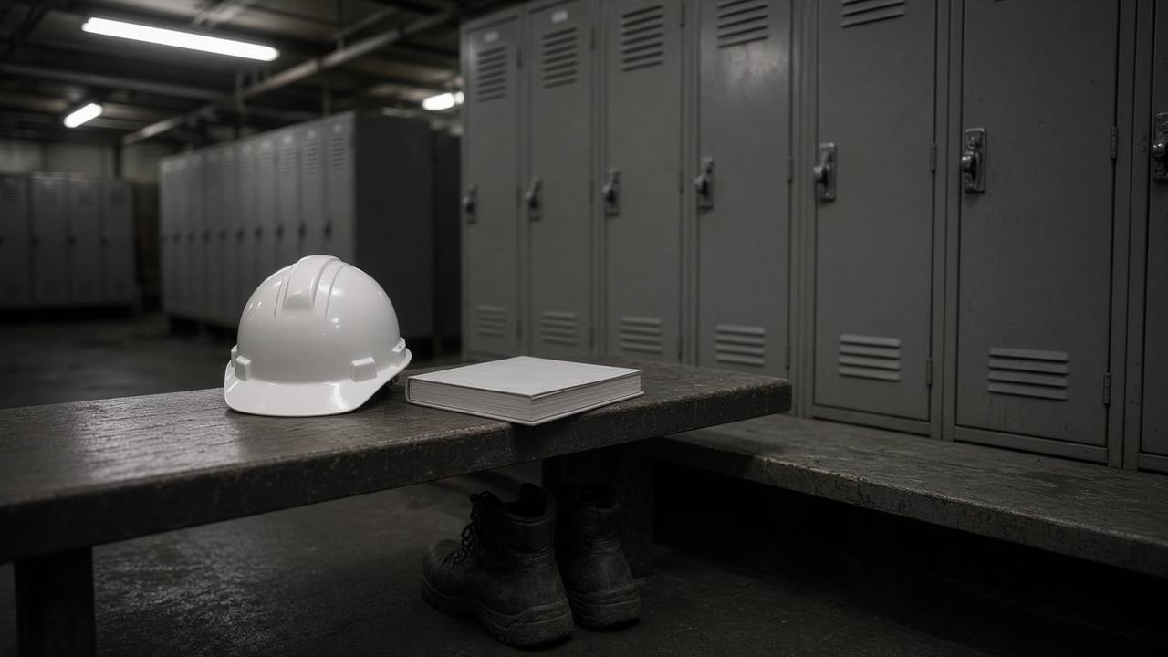 A new hard hat and unread booklet on a locker-room bench