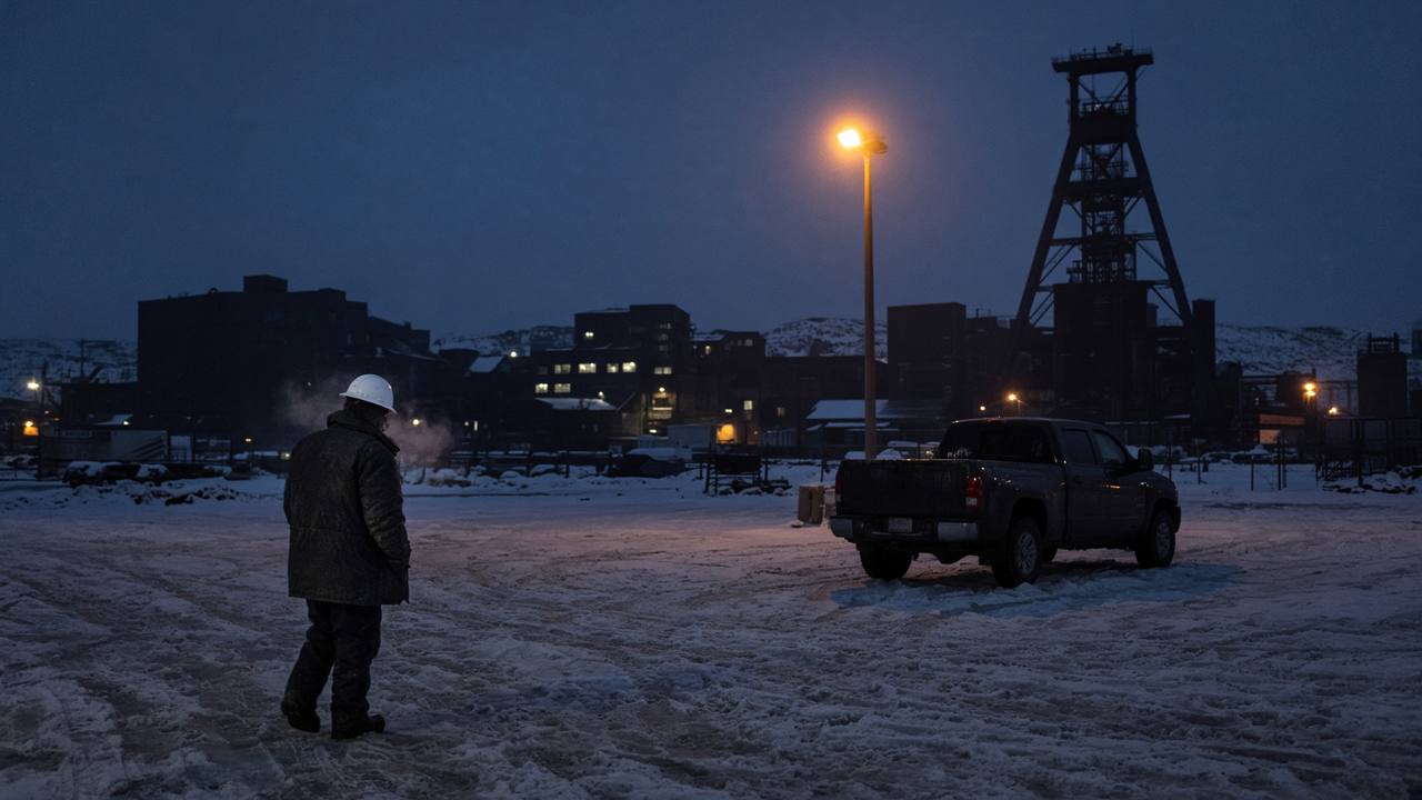 A night-shift worker walking to a pickup in a plant parking lot before dawn