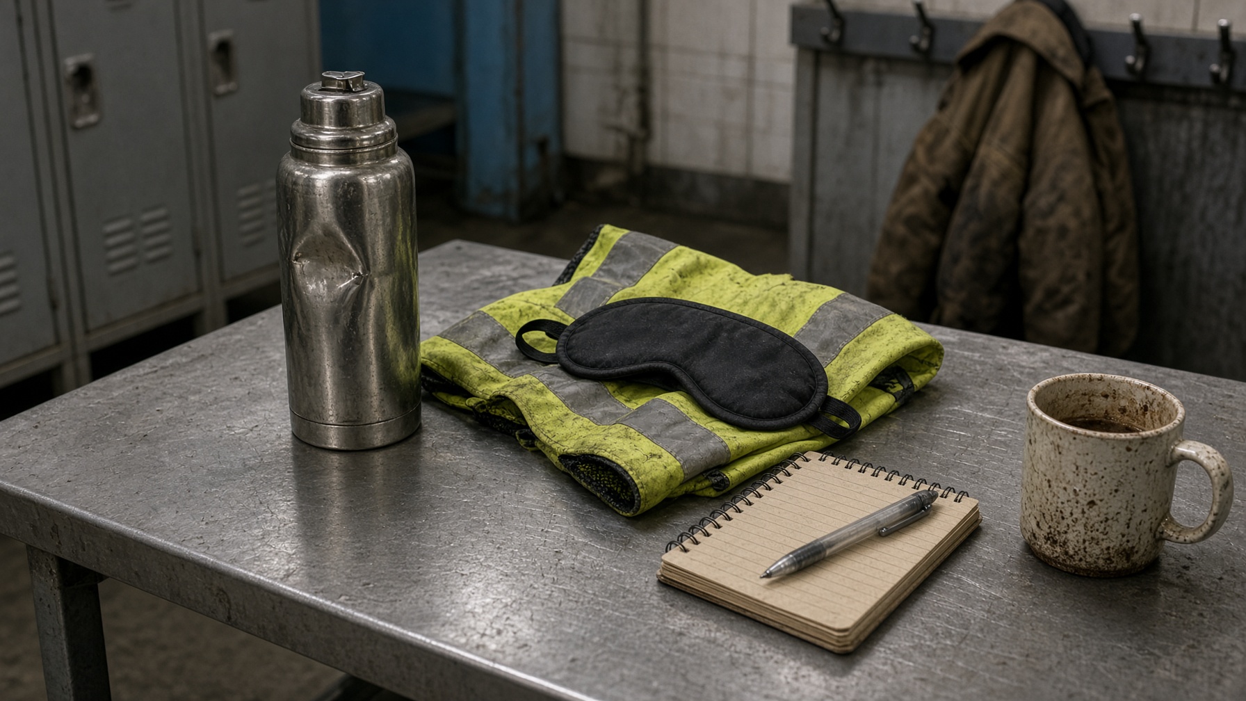 A dented thermos, a sleep mask on a hi-vis vest, and a pocket notebook on a change-room table