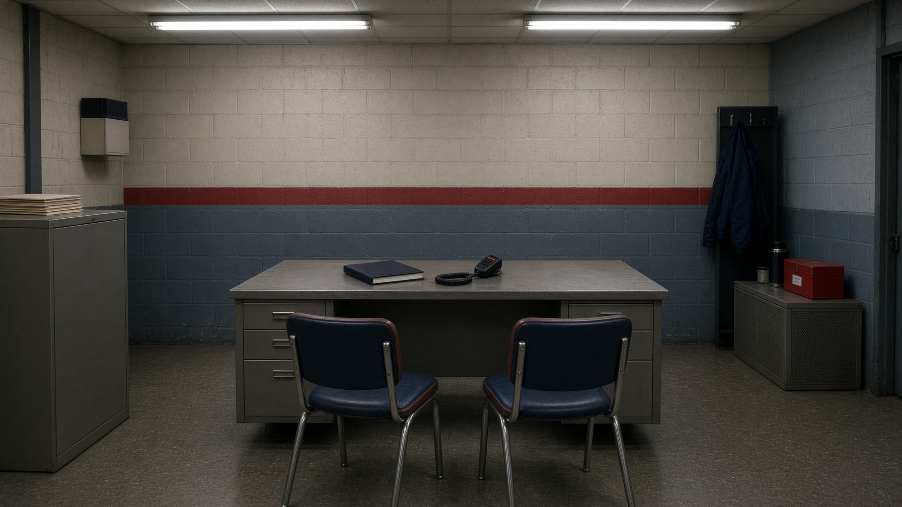 Two empty chairs and a closed booklet in a mill supervisor’s office