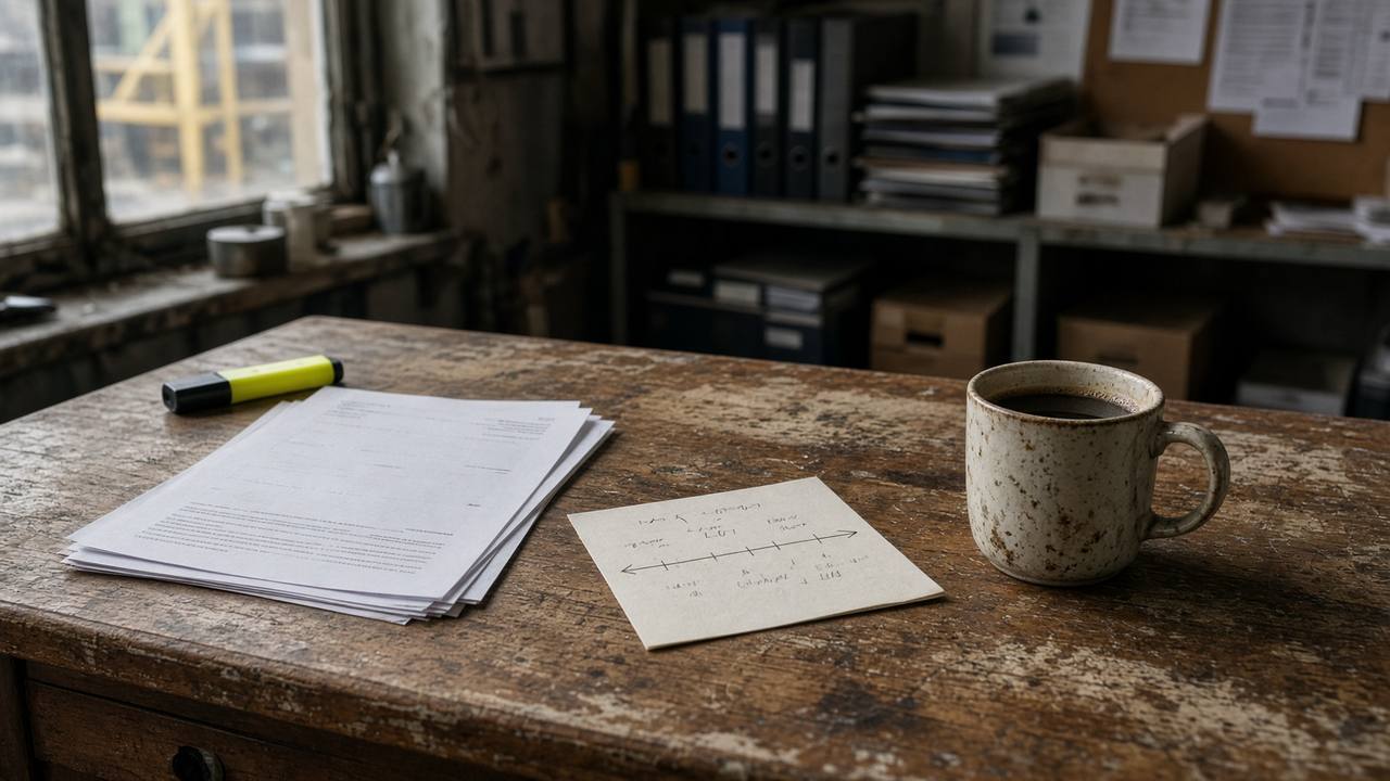 A steward’s desk with a sketched timeline and a stained coffee mug
