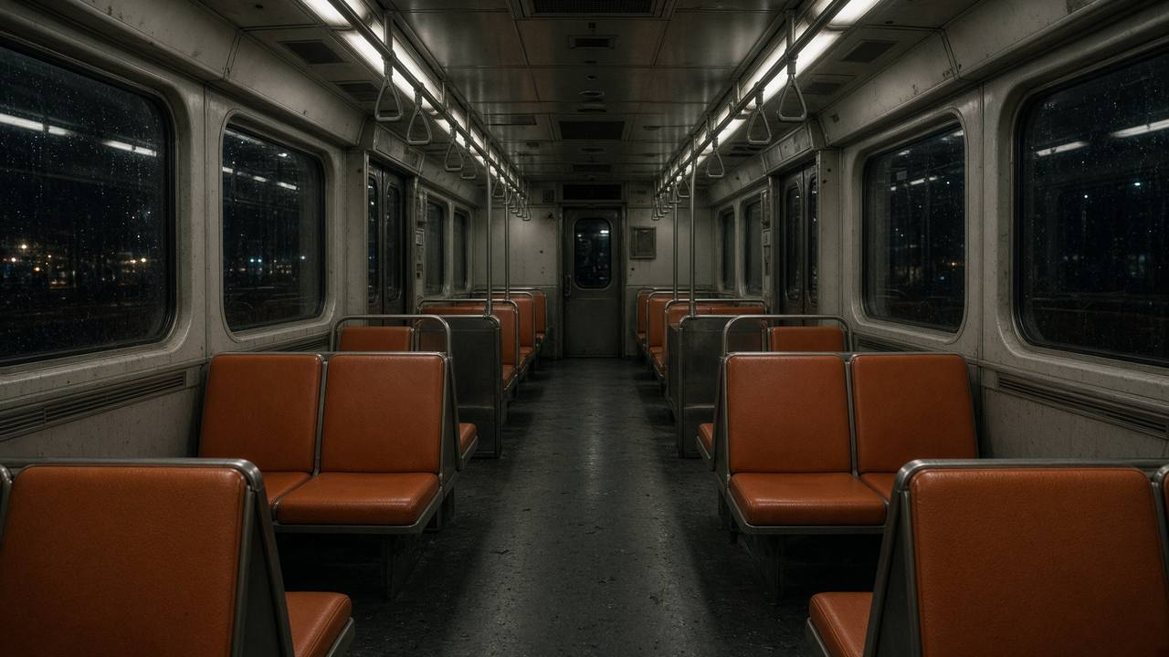 An empty Toronto subway car at night