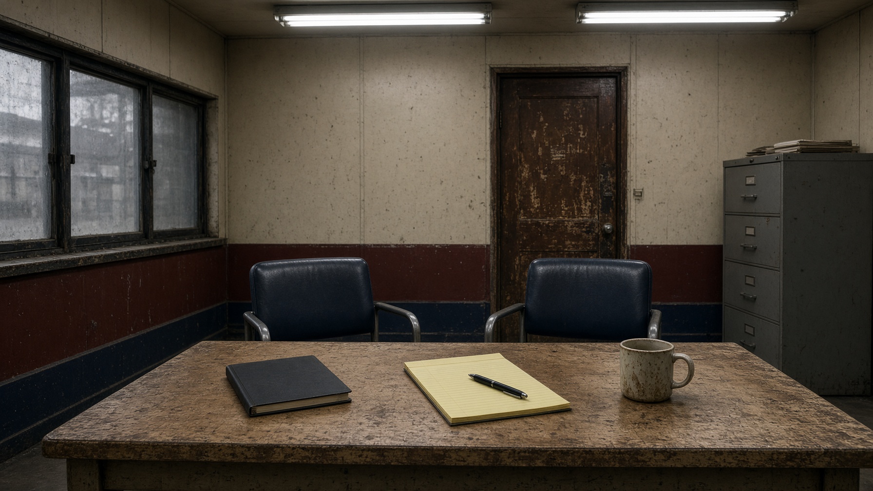 Two chairs, a closed agreement, and a notepad in a mill office