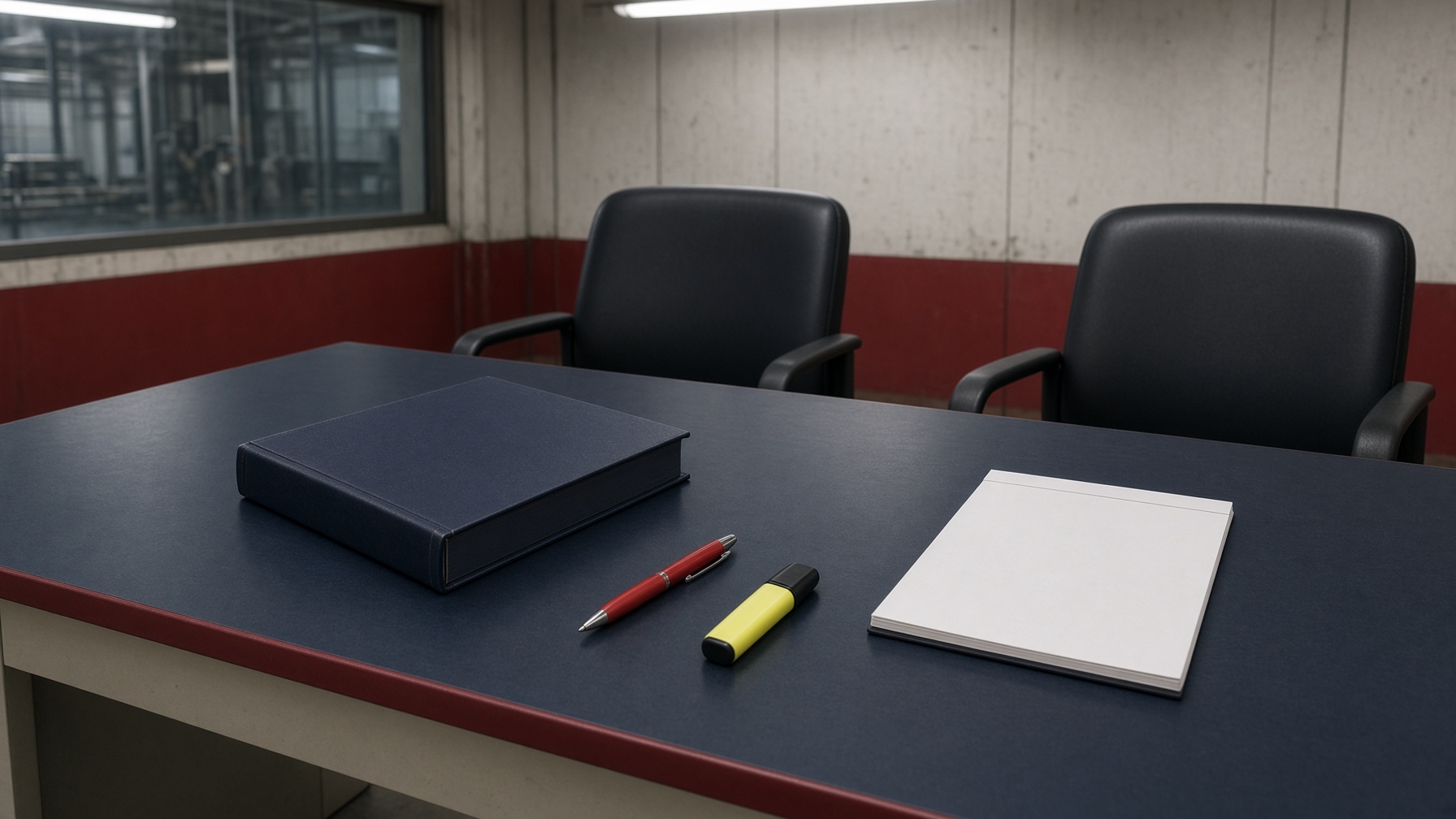 A collective agreement, a red pen, and a highlighter on a bargaining-room table