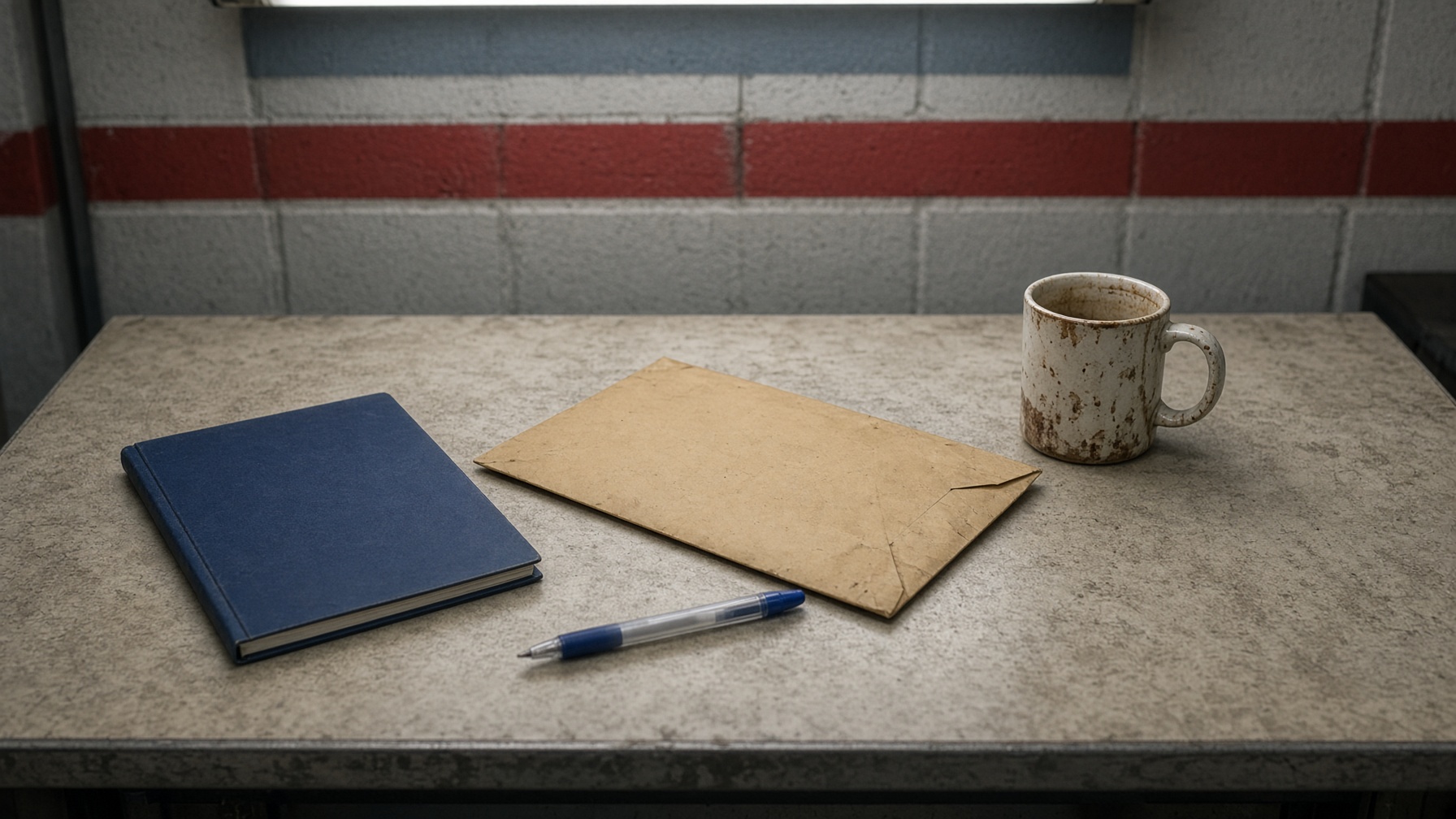 A collective agreement and a face-down discipline envelope on a plant-office table