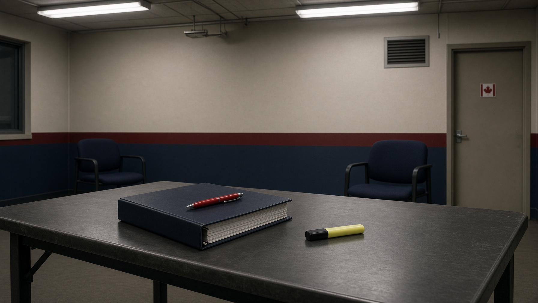 A collective agreement, a red pen, and a highlighter on a meeting-room table