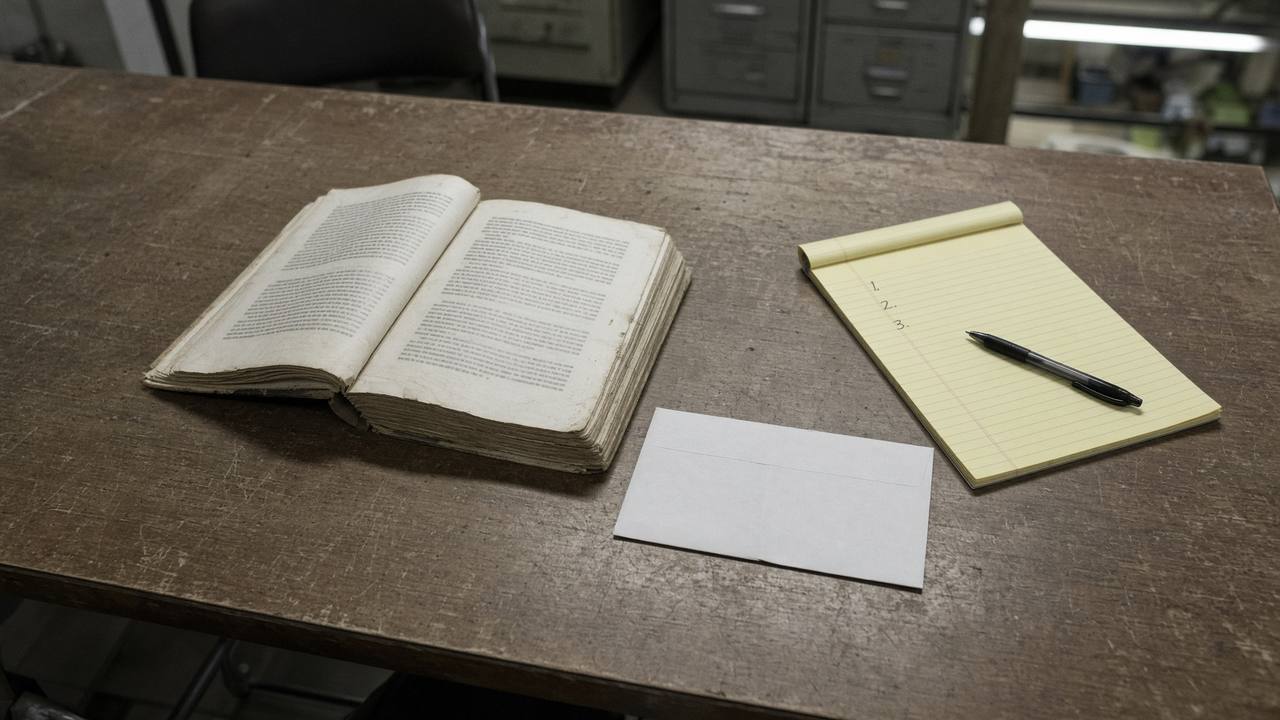 A collective agreement, a face-down discharge letter, and a pad marked with three lines