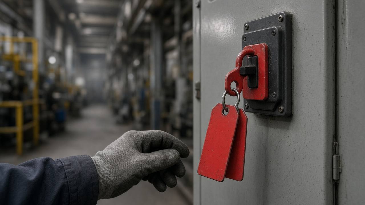 A lockout tag on an industrial electrical panel